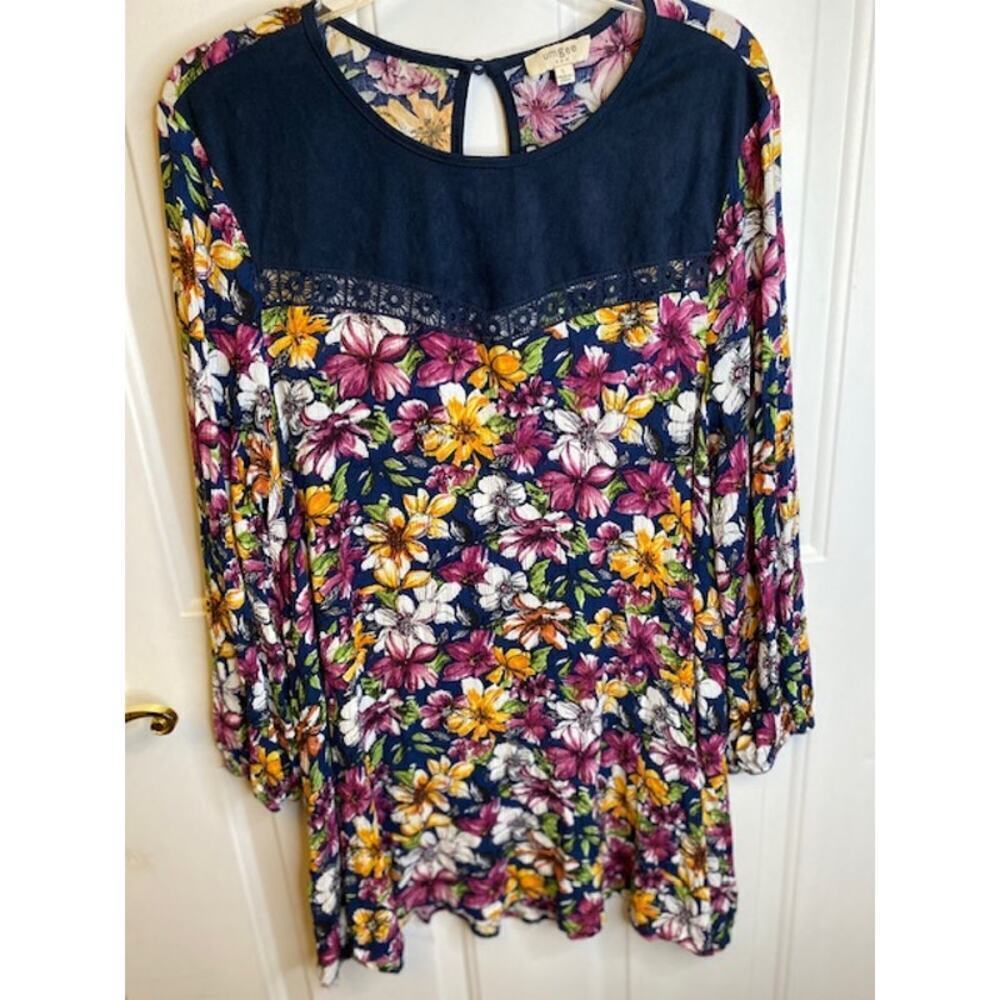 Umgee Women's Size L Boho Navy Blue Floral‎ Flowy Tunic Dress